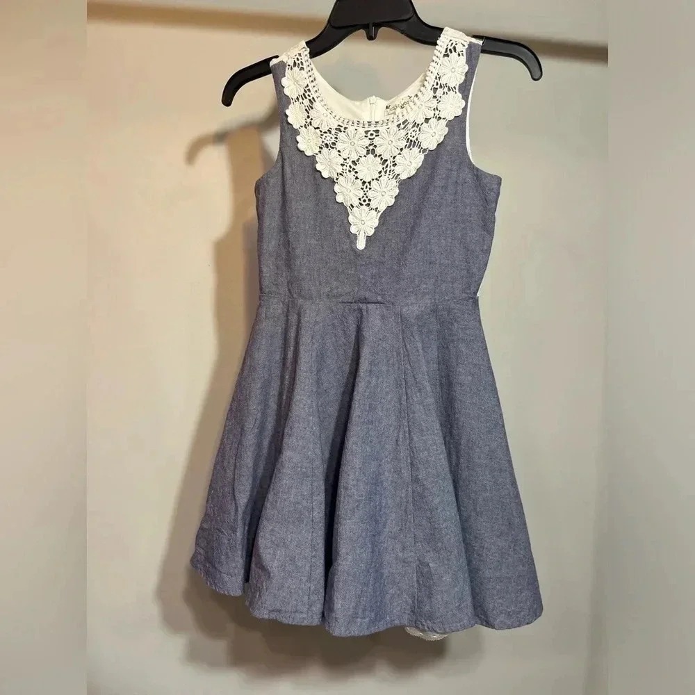Knitworks Girls Blue Chambray‎ White Lace Floral Crochet Dress Size 10